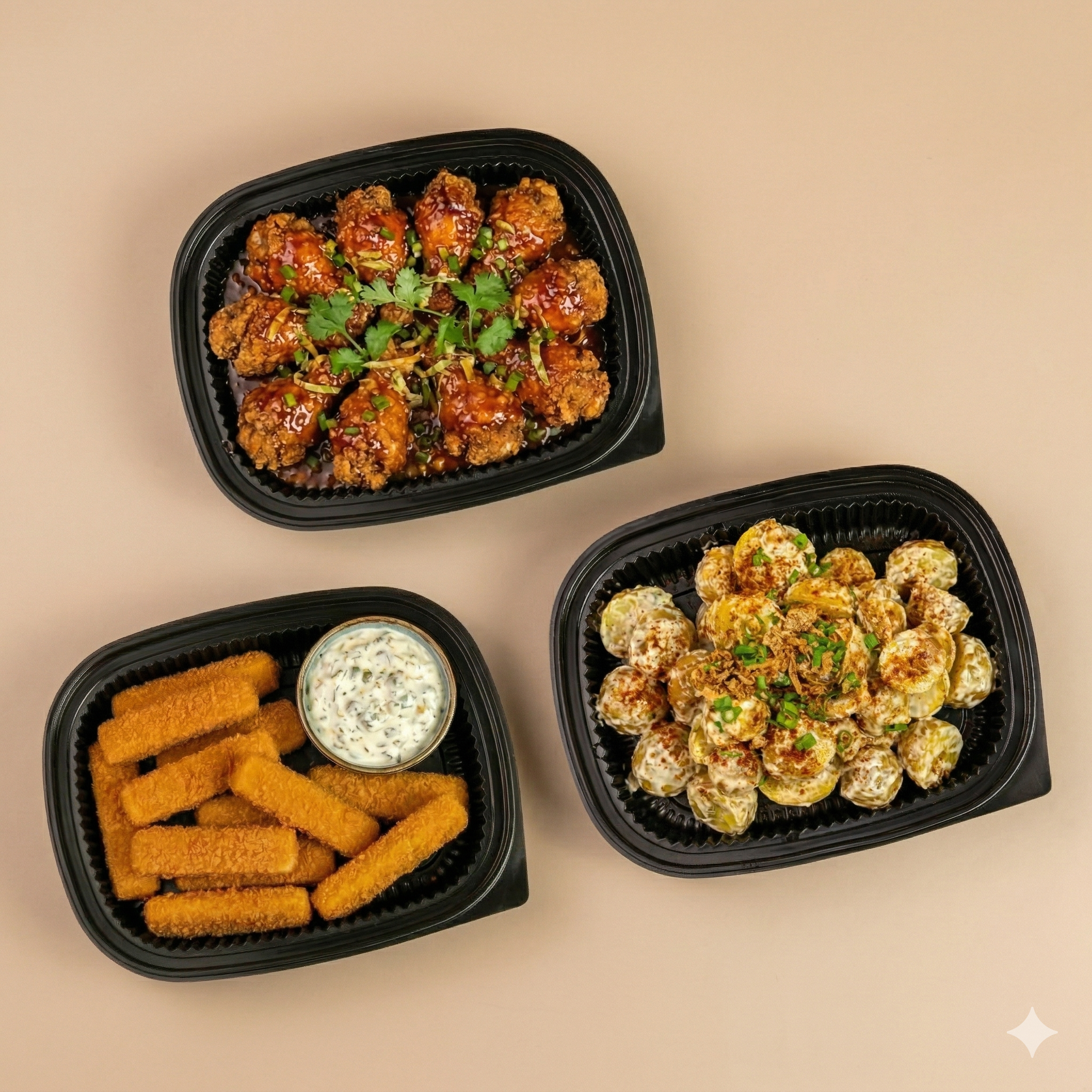A bold mix of bang bang chicken drumlets, crispy fish goujons with tartare sauce, and citrus miso potato salad.